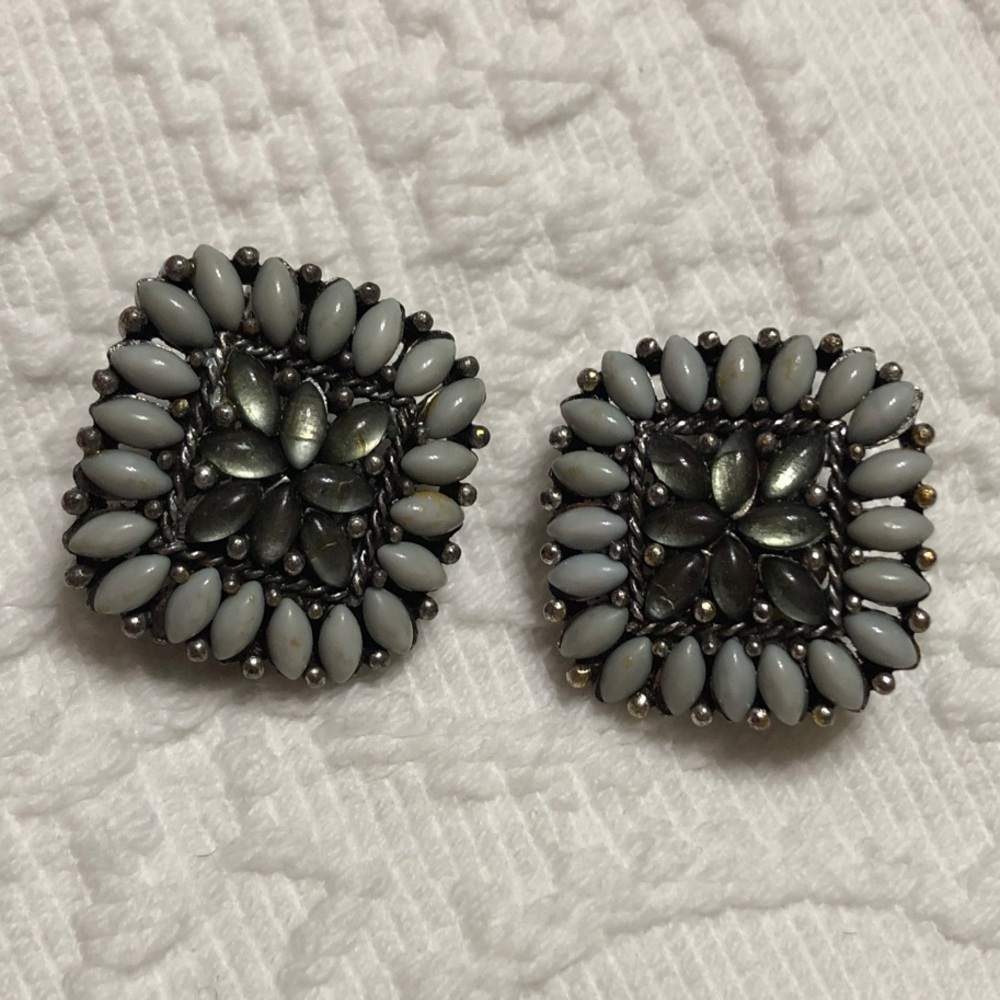 Elegant Clip-On Earrings - Gray with a hint of Green Bead and Silver